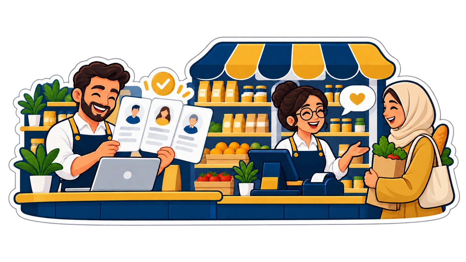A shop team reviews customer groups and welcomes a returning shopper.