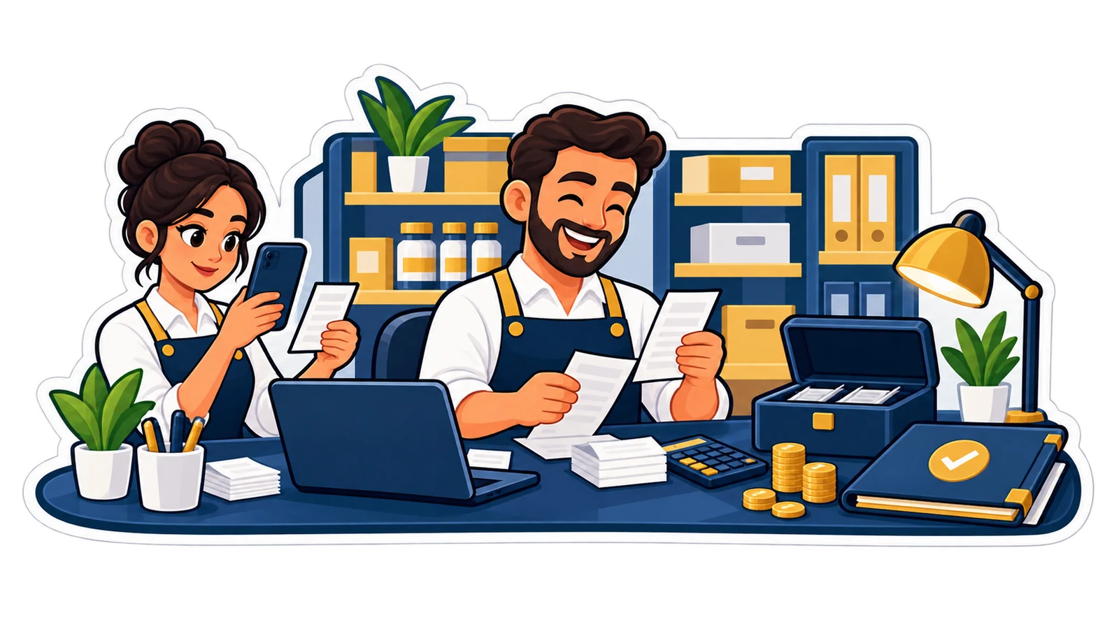 فريق المحل يراجع الإيصالات والموافقة وصندوق العهدة على مكتب الحسابات.