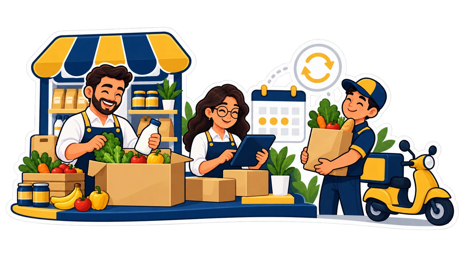 A shop prepares recurring grocery deliveries beside a calendar and customer membership cards.