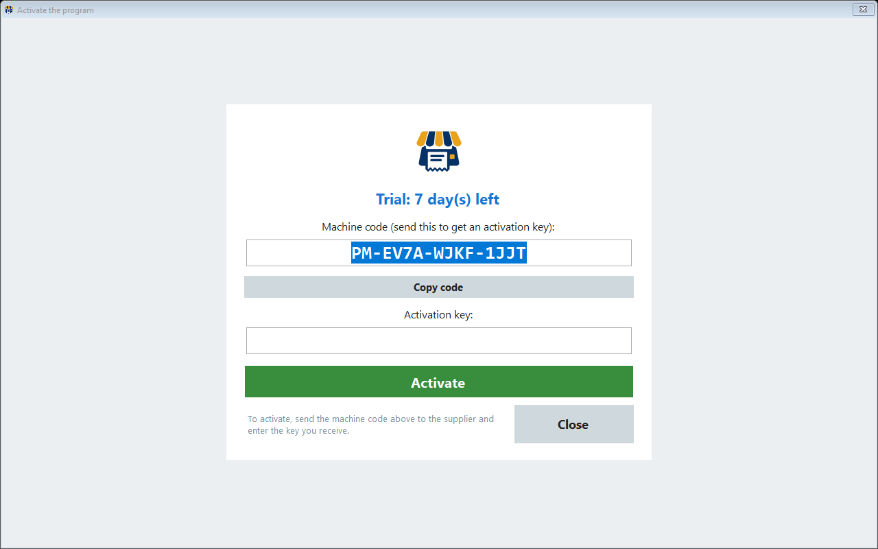 Activation screen showing the machine code