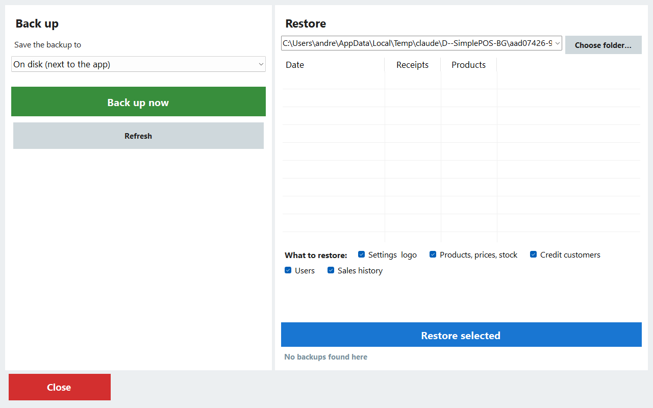 The backup and restore screen in PosMasr