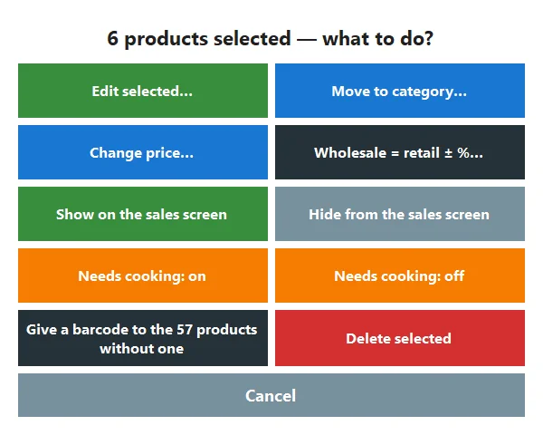 The bulk actions menu with Give a barcode to the 57 products without one