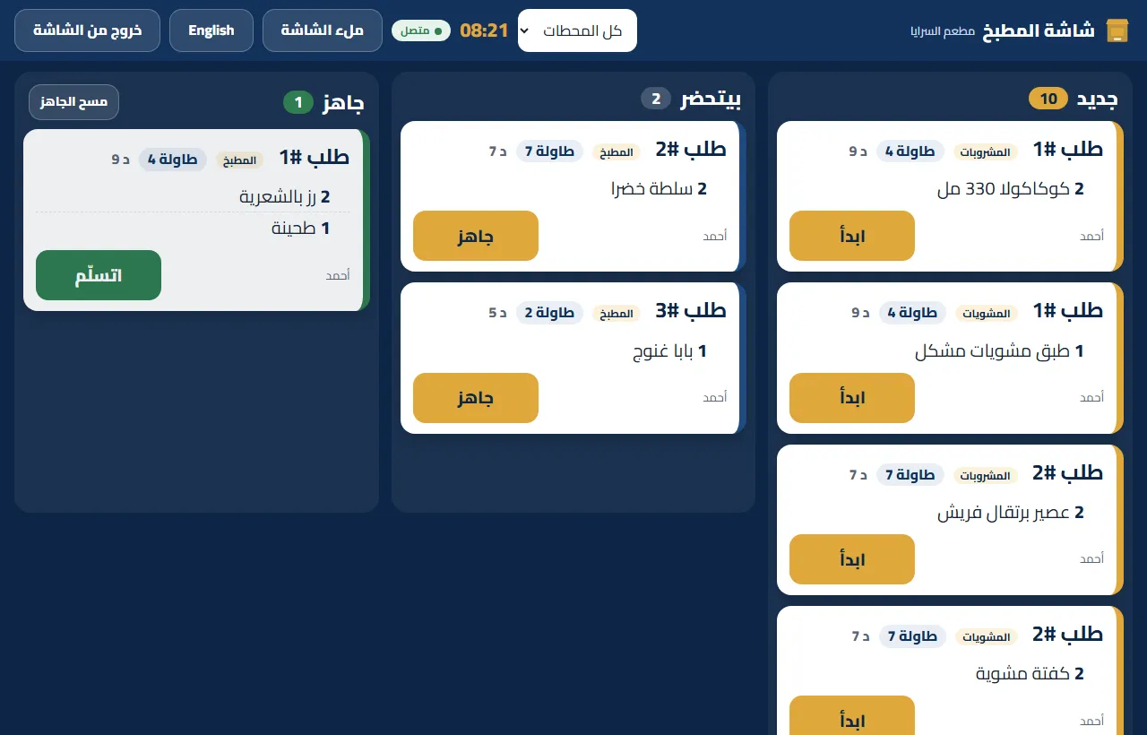 شاشة المطبخ في PosMasr Cloud بالمحطات: جديد، بيتحضر، جاهز