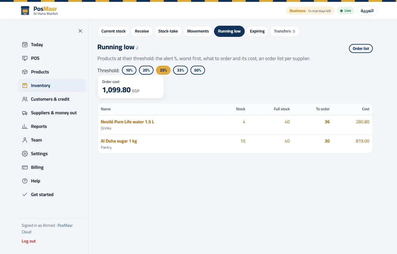 The running-low list in PosMasr Cloud: what to order and what it costs