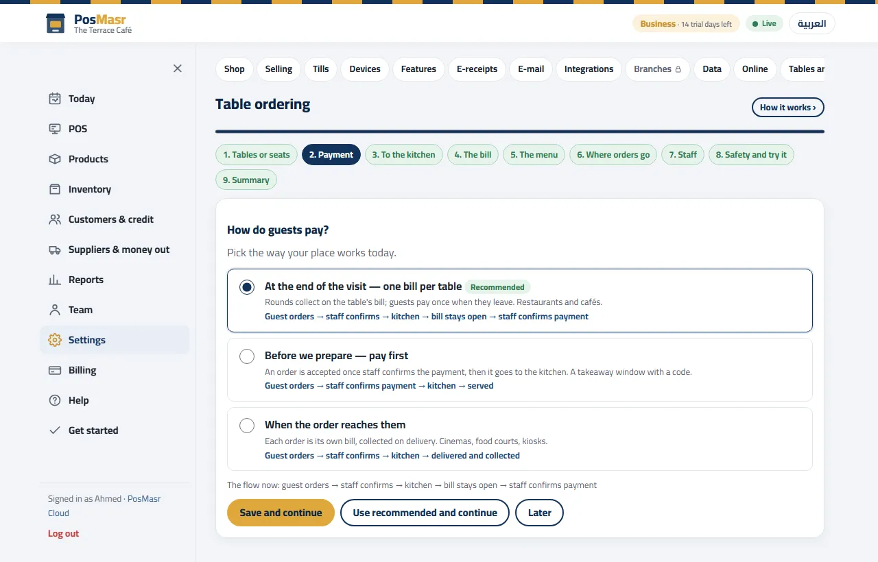 The table-ordering wizard in PosMasr Cloud: how guests pay