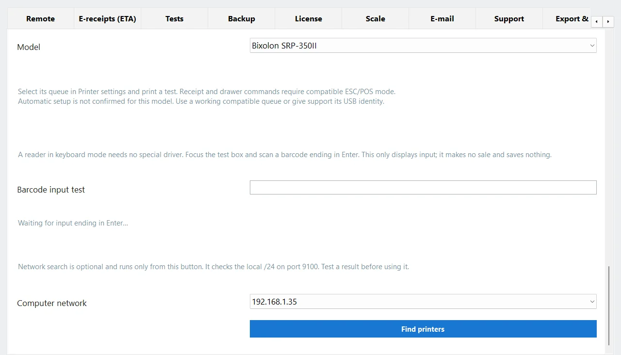 The bottom of the Devices tab: the model list, the barcode input test and the Find printers button