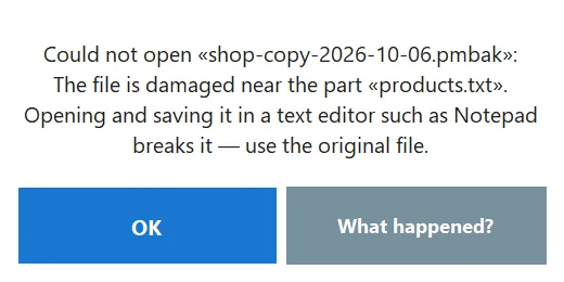 An error box in the program on your PC, with “What happened?” beside OK