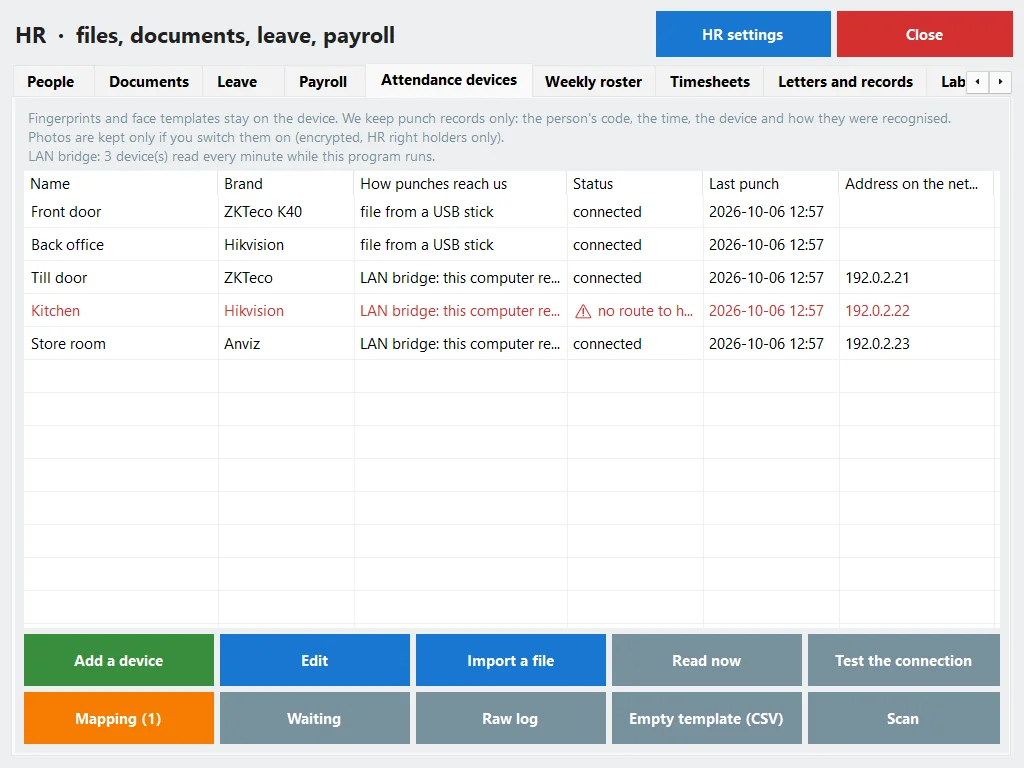 The Attendance devices tab: a file from a USB stick and the LAN bridge