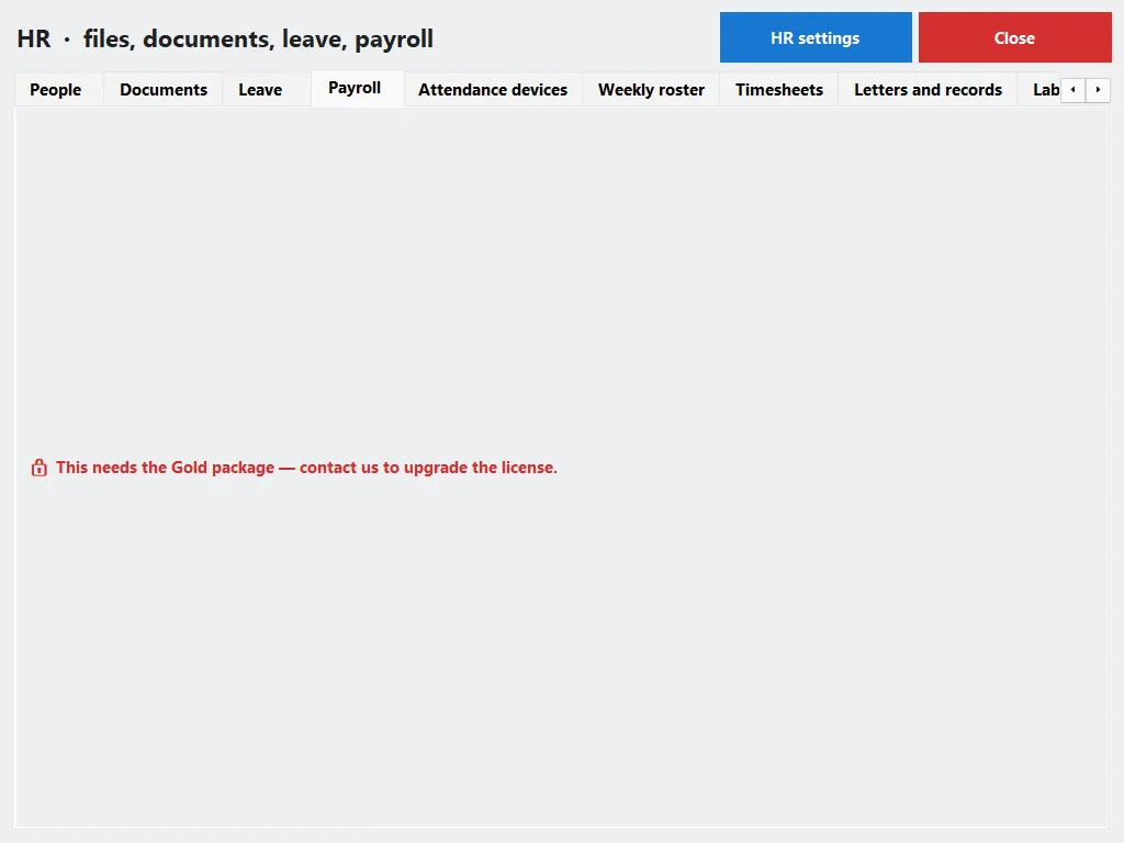 The Payroll tab on Silver: needs the Gold package