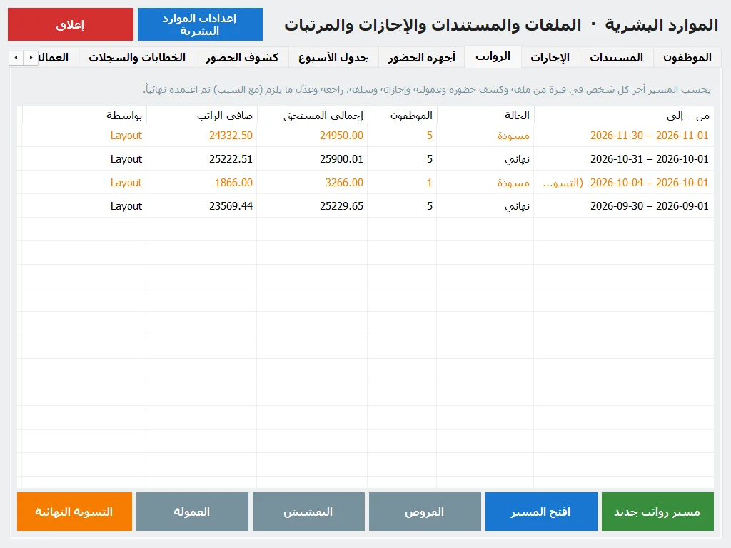 تبويب المرتبات: المسيرات بالإجمالي والصافي