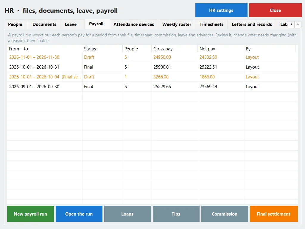 The Payroll tab: runs with gross and net pay