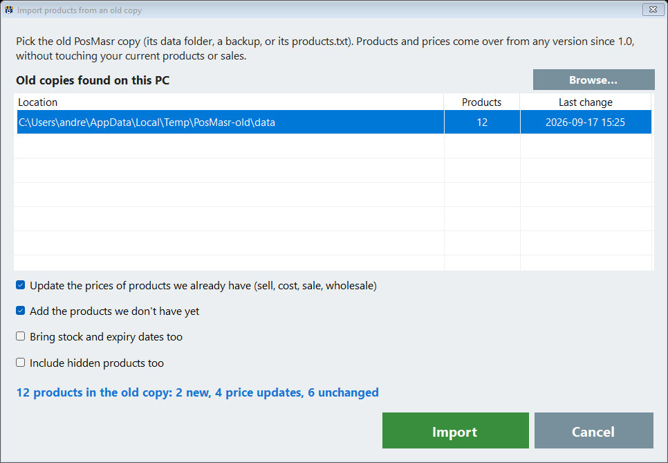 Importing products from an older PosMasr copy, with its options