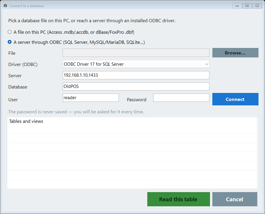 The Connect to a database window: a file on this PC or a server through ODBC