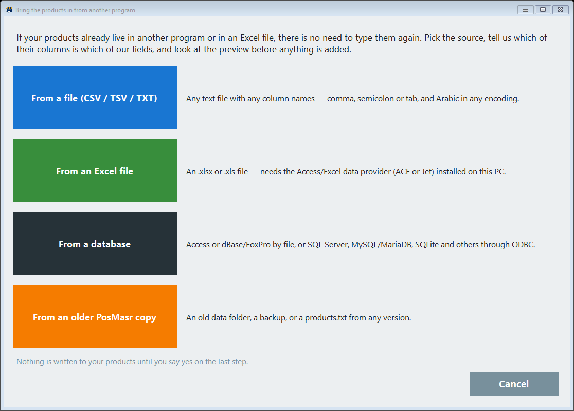 The import wizard: pick one of four sources