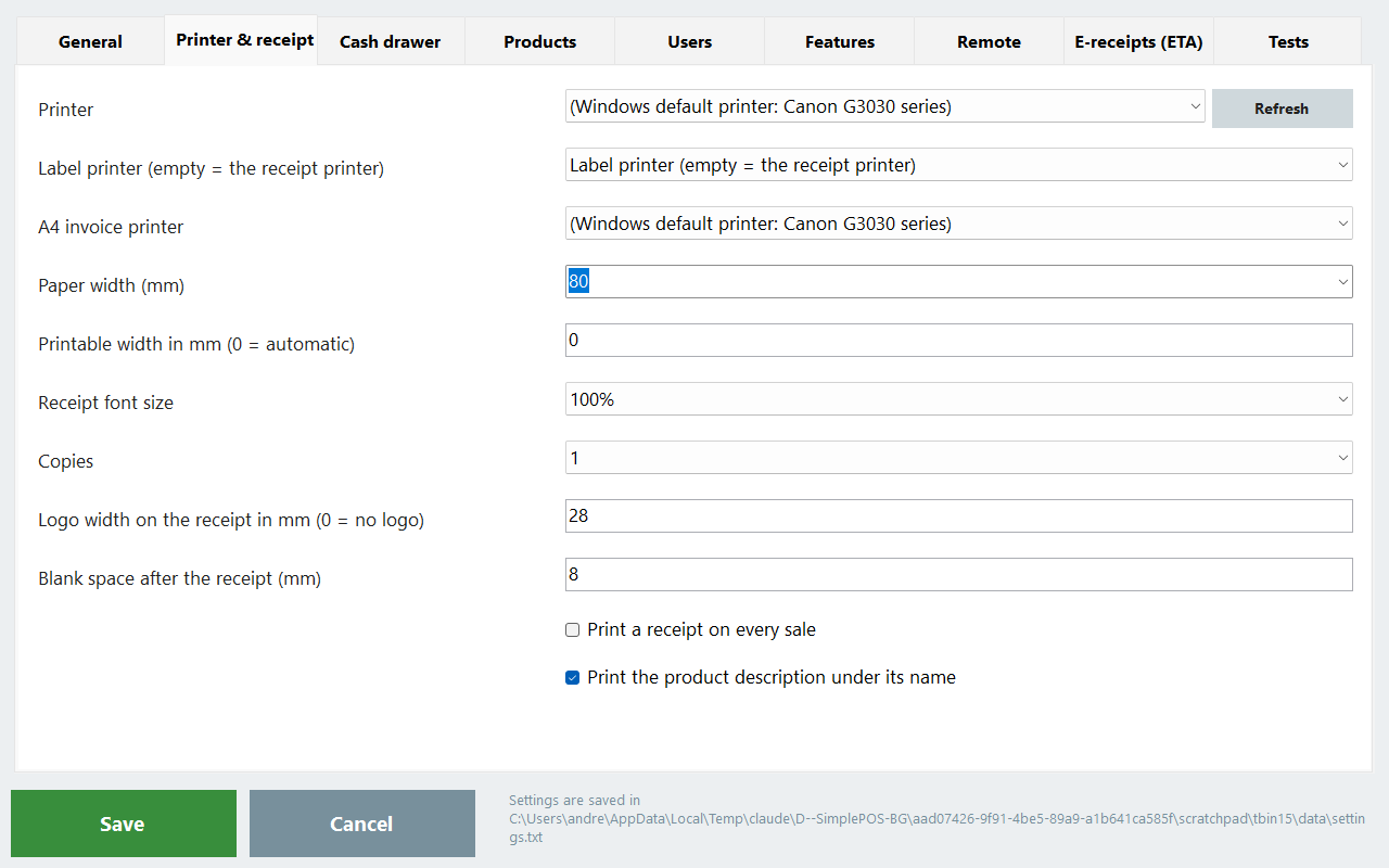 Printer and receipt settings in PosMasr