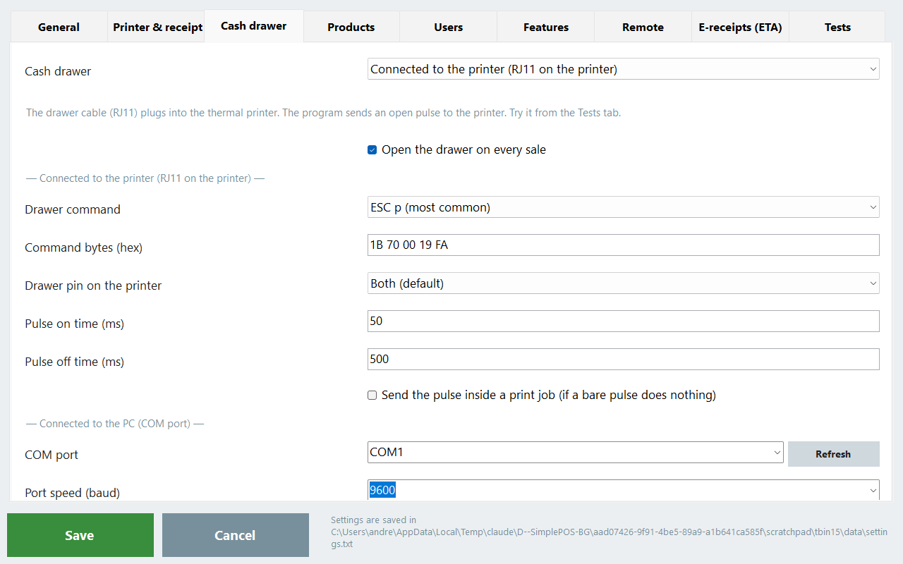 The Cash drawer tab in PosMasr settings