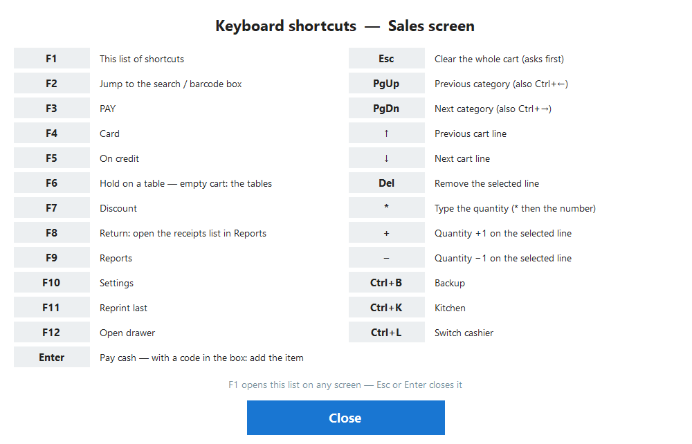 The F1 shortcuts list on the sales screen