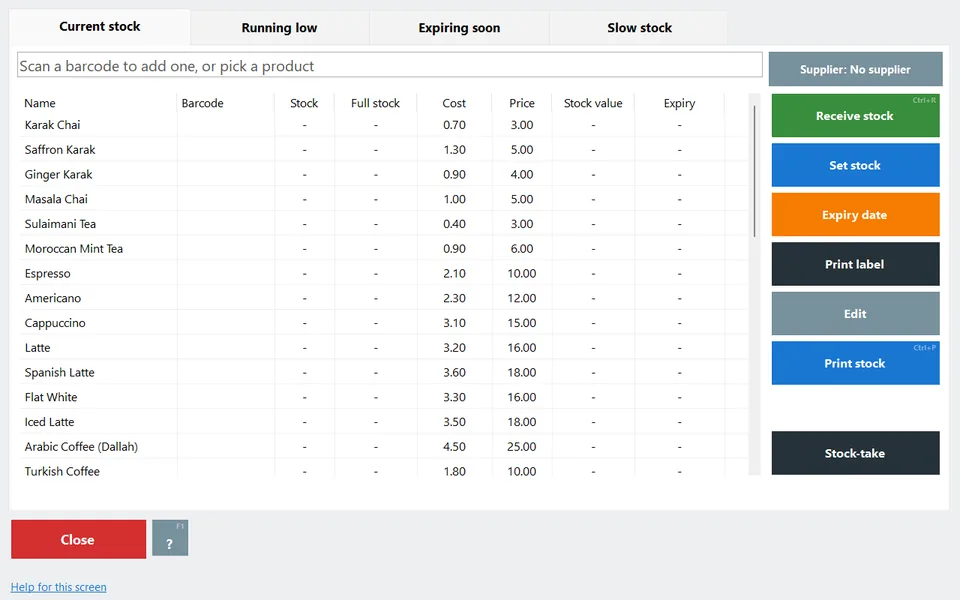 Native Windows capture with fictional demo data: Branch stock, transfers and counts