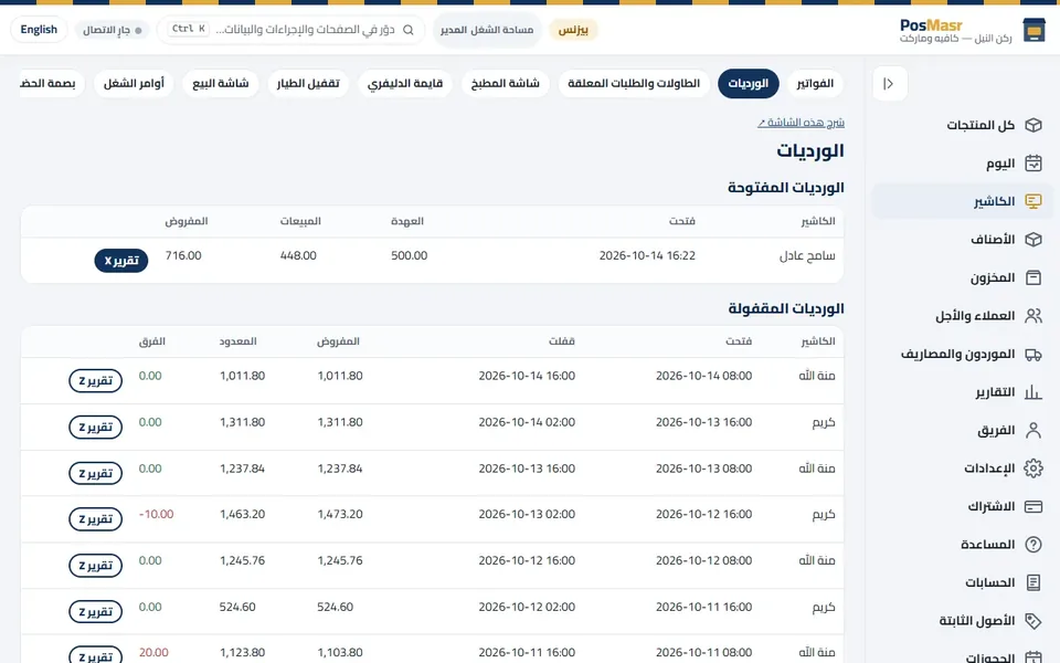 «الورديات»: المفتوحة بتقرير X بتاعها، والمقفولة بالمفروض والمعدود والفرق.