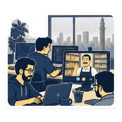 فريق BytesGlue على مكالمة فيديو مع صاحب محل