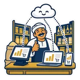 صاحب محل على الكاونتر، والكاشير واللاب توب والموبايل متوصلين ببعض أونلاين