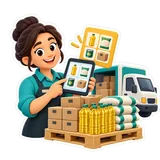موردة جملة تعرض كتالوجاً رقمياً مع كراتين بقالة وسيارة توصيل