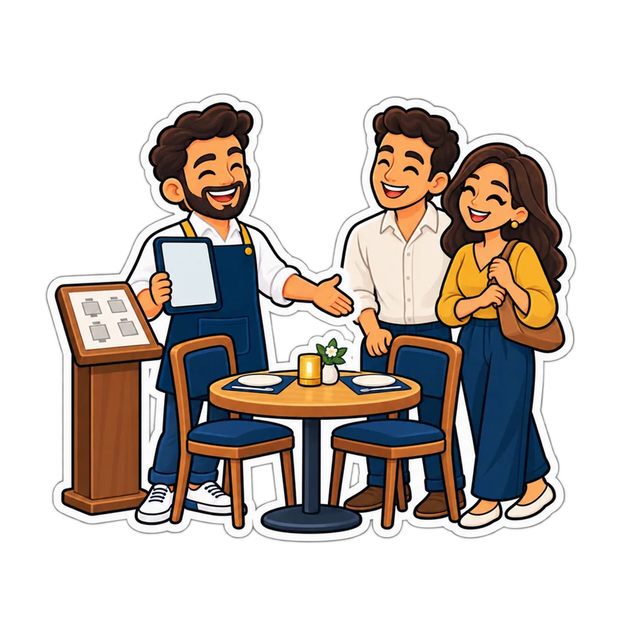 مضيف مطعم بيقعّد زبونين وخريطة الترابيزات قدامه