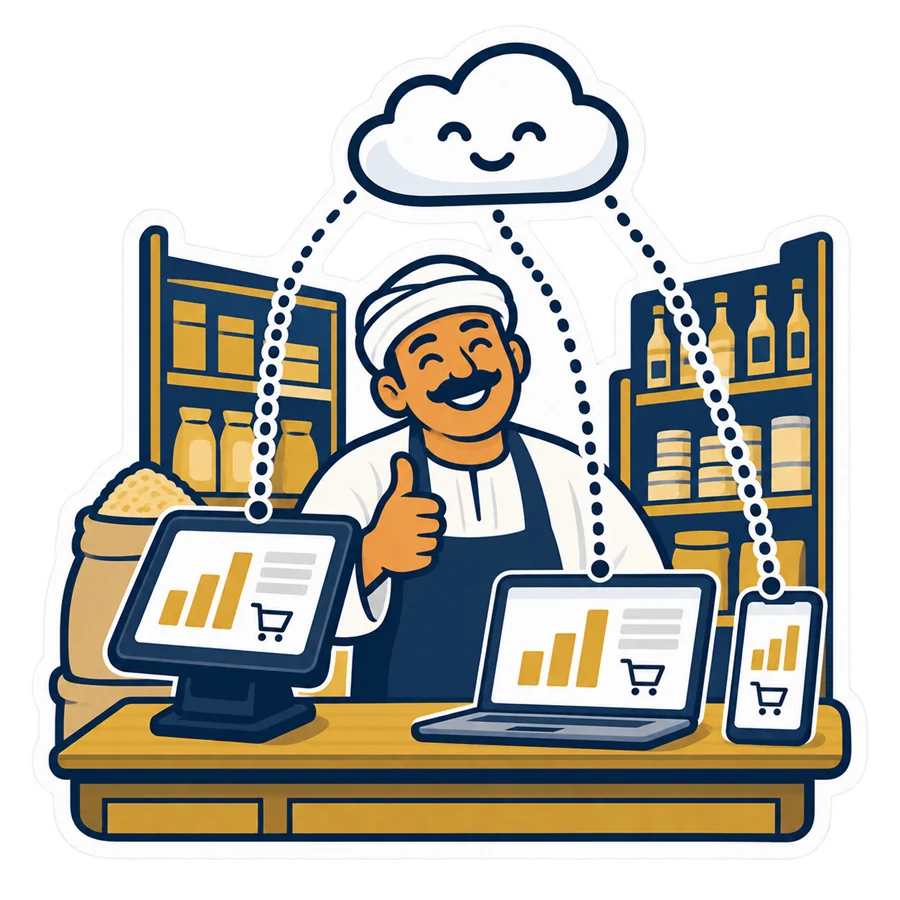 A shop owner at the counter, the till, a laptop and a phone under one cloud