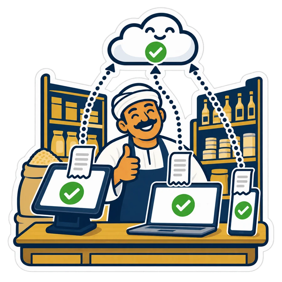 Receipts going up to the cloud with green ticks once the line is back