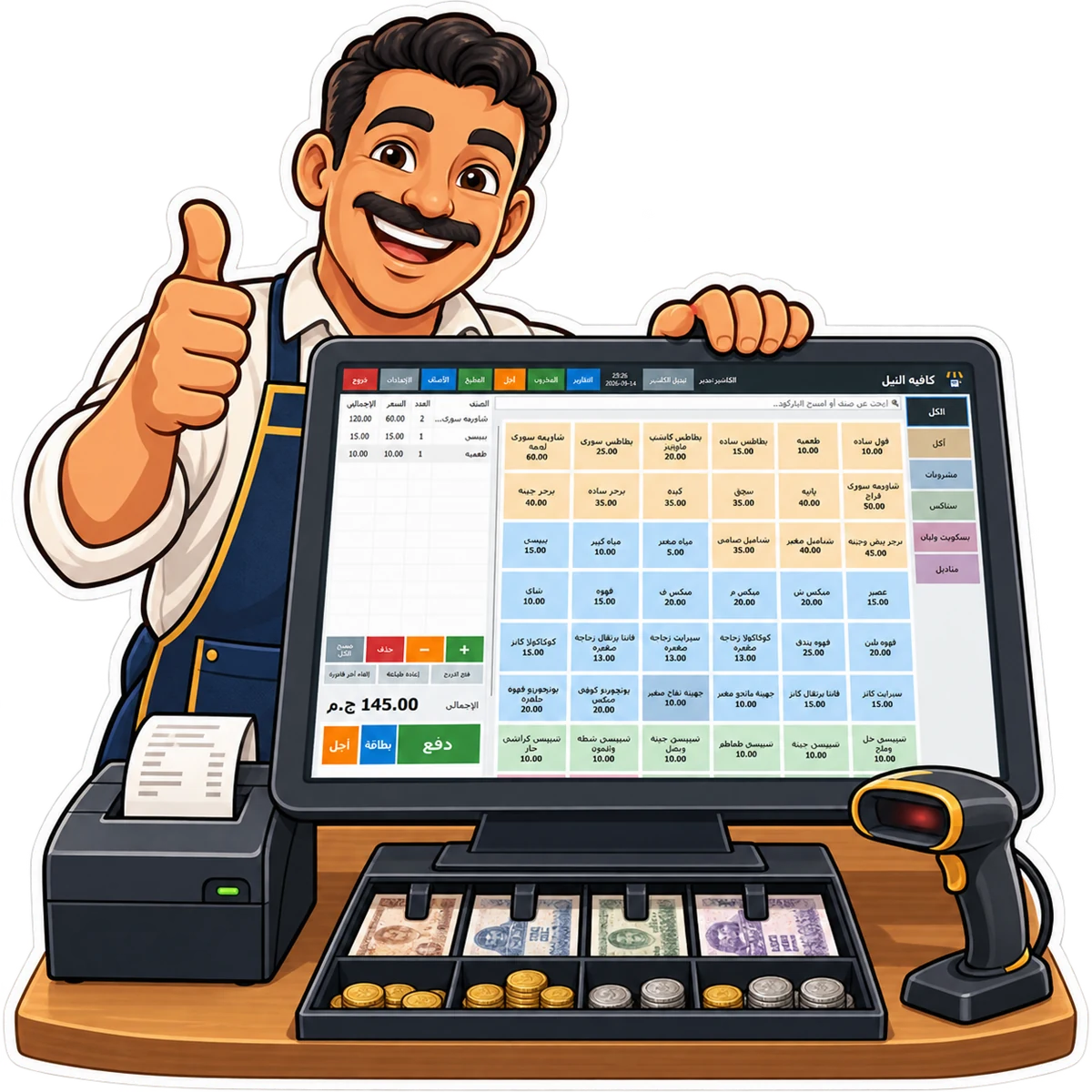 The PosMasr selling screen on a touch till with a printer, a drawer and a barcode scanner