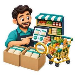 Shop owner comparing grocery packs before restocking