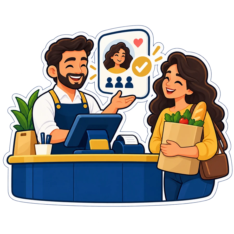 صاحب محل يرحب بعميلة عائدة بجوار بطاقة عميل وعلامة موافقة.