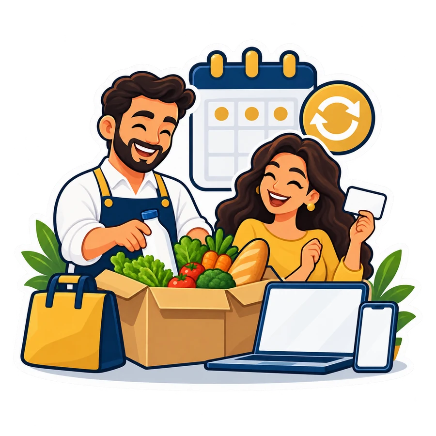 A shopkeeper packs a subscription grocery box beside a customer, a calendar and a repeat arrow.